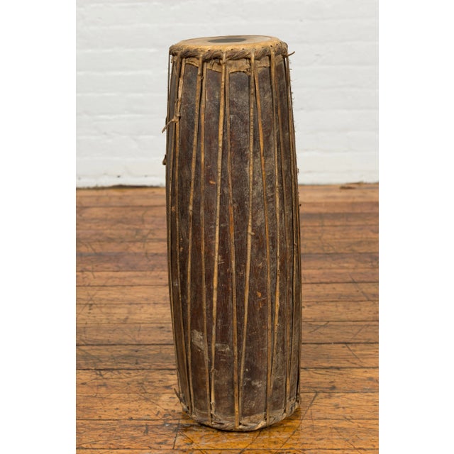 Mid 19th Century Mid 19th Century Antique Indonesian Slender Freestanding Wooden Drum with Leather Drumhead For Sale - Image 5 of 10