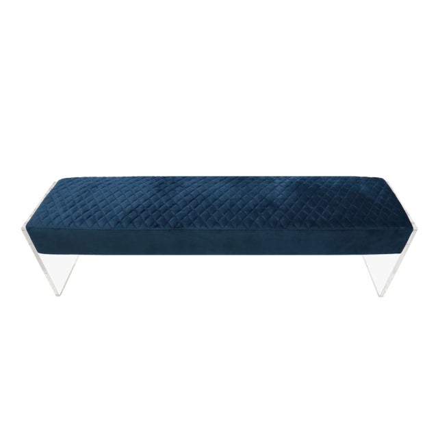 Contemporary Pasargad Home Tribecca Acrylic & Velvet Bench, Navy For Sale - Image 3 of 7
