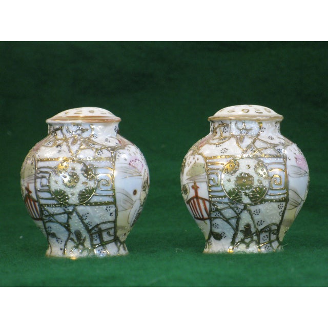 Antique Salt & Pepper Shakers Satsuma Porcelain Gold Beaded Very Ornate For Sale - Image 9 of 12