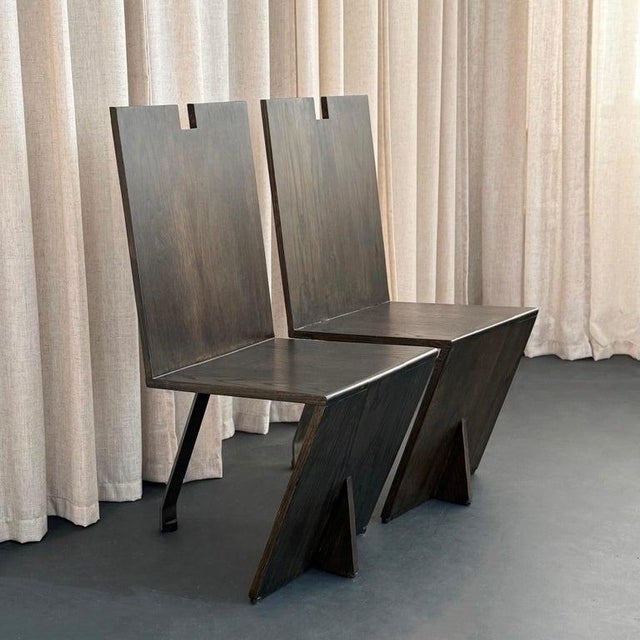 1980s 1980s Post Modern Artisan Made Angular Ebonized Oak and Steel Chairs For Sale - Image 5 of 9