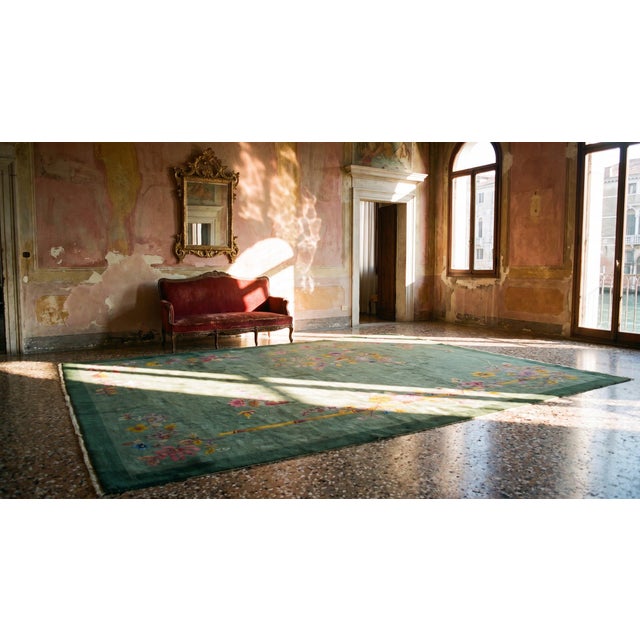 1920s Green Floral Antique Chinese Art Deco Rug 7' 10'' X 9' 7 Handknotted Wool Carpet For Sale - Image 9 of 9