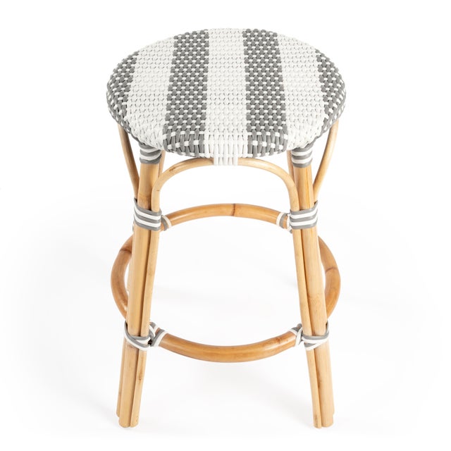 Transitional Tobias 24 in. Seat Height Round Rattan Backless Counter Stool, Gray/White Stripe/ Natural Rattan Frame For Sale - Image 3 of 8