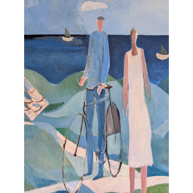 1987 Modernist 'Figures by the Sea' Vintage Swedish Original Coastal Landscape Oil Painting, Framed For Sale - Image 10 of 12