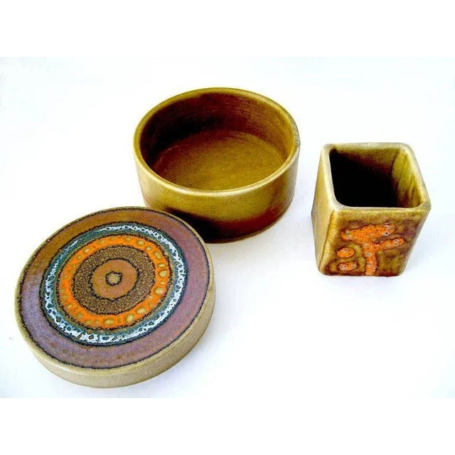 Ceramic covered box with target design and cup desk set created by Bruno Gambone of Florence, Italy. Box measures 5.5" in...