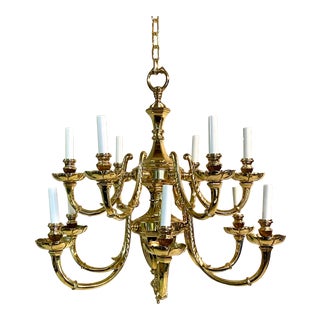 Mid 20th Century French Baroque Style Large Twelve Light Brass Chandelier For Sale