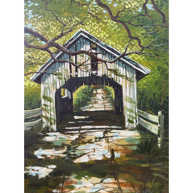 Contemporary Modern Landscape Painting of a Covered Bridge in forest Signed by the Artist: Cerbone oil on Canvis Framed...