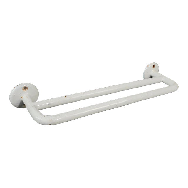 Vintage French White Enameled Cast Iron Double Towel Rack For Sale