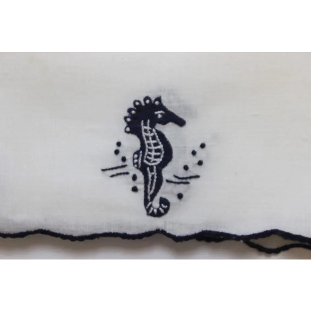 Traditional Set of 6 Vintage Madeira Linen Navy Seahorses & Starfish Cocktail Napkins For Sale - Image 3 of 4