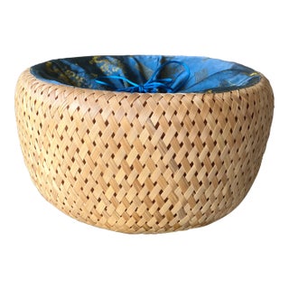 Circa 1970 Vietnamese Bamboo & Silk Drawstring Handwoven Sewing Basket For Sale