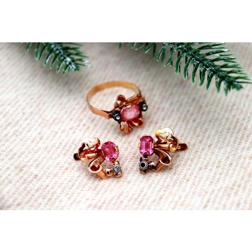 Gold Earrings and Ring with Synthetic Stones, Set of 3 For Sale - Image 6 of 7