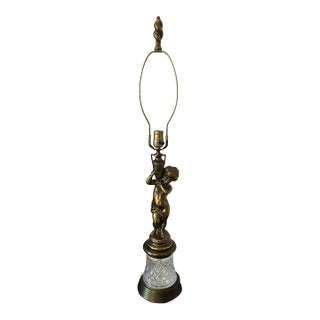 Mid 20th Century Brass Cherub Lamp With Cut‑Glass Diamond Base, 36″ Tall For Sale