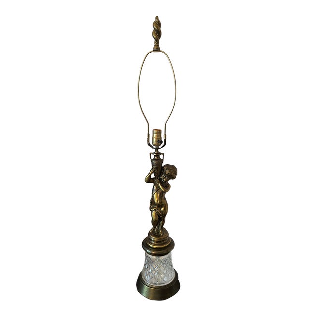 Mid 20th Century Brass Cherub Lamp With Cut‑Glass Diamond Base, 36″ Tall For Sale