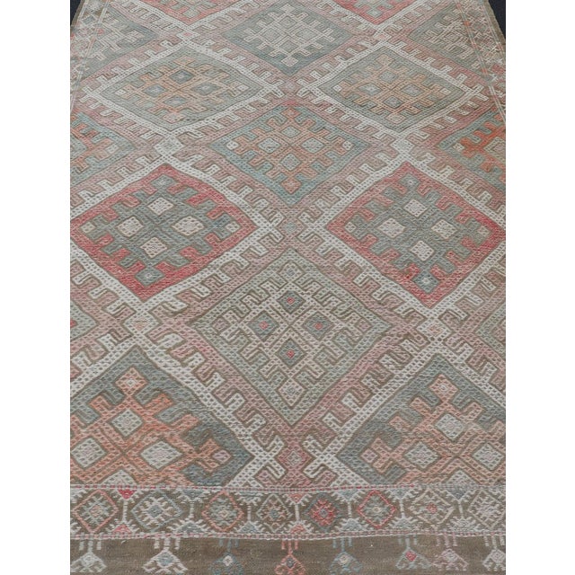 Textile Vintage Turkish Embroidered Kilim Rug With Geometric Diamond Design 6'3 X 10'4 For Sale - Image 7 of 15