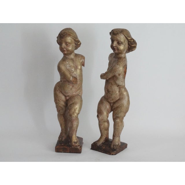 Early 19th Century Antique Italian Carved Wood Gilt Putti Angels Sculptures, S/2 For Sale - Image 5 of 11