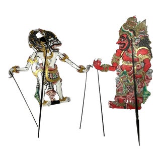 Vintage Articulated Shadow Puppets, Wayang Purwa, Balinese White & Red Rod Puppets. For Sale