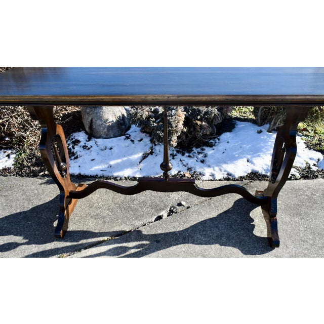 Walnut Jacobean Style Console Sofa Table Vintage 1950s Trestle Base 60 For Sale - Image 10 of 13