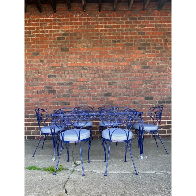 Metal Vintage Whimsical Patio Dining Set 6 Chairs and Table Professionally Powder Coated and Upholstered For Sale - Image 7 of 9
