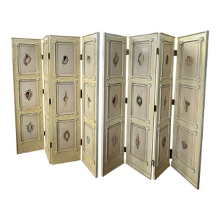 1980s Regency Hand-Painted Four Panel Folding Screens With Shell Motifs - A Pair For Sale