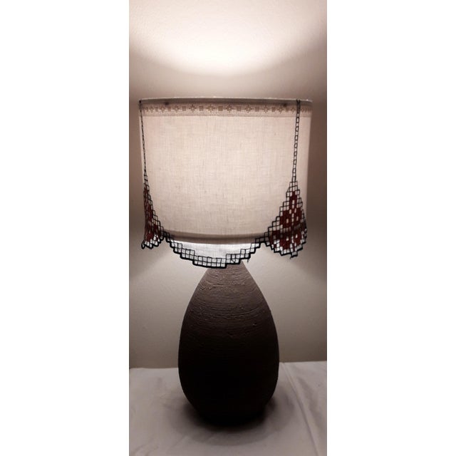 Textile Handmade Ceramic Table Lamp with Fabric Shade, 1970s For Sale - Image 7 of 9