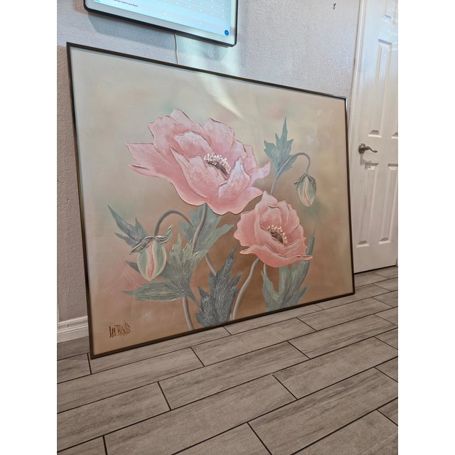Mid-Century Modern Large Signed Lee Reynolds Peach Poppies Painting, Vanguard Studios Mid-Century Modern Floral Art For Sale - Image 3 of 13