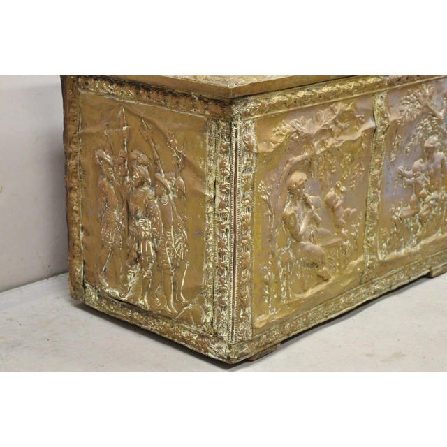 Wood Antique English Victorian Brass Figural Repousse Coal Bin Storage Blanket Chest For Sale - Image 7 of 12