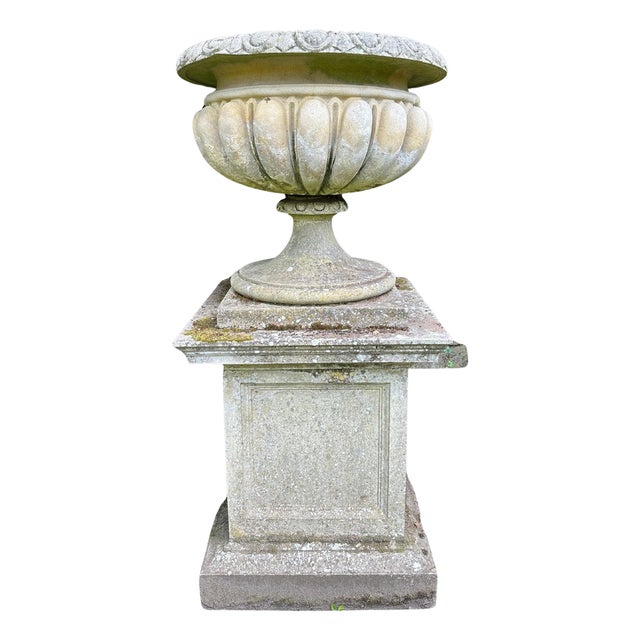Large English Stone Urn and Pedestal, 1950s For Sale