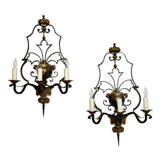 Large Pair of 1920s Mediterranean Style Wrought Iron Sconces For Sale