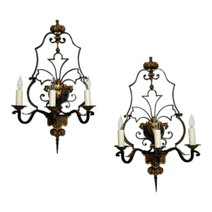 Large Pair of 1920s Mediterranean Style Wrought Iron Sconces