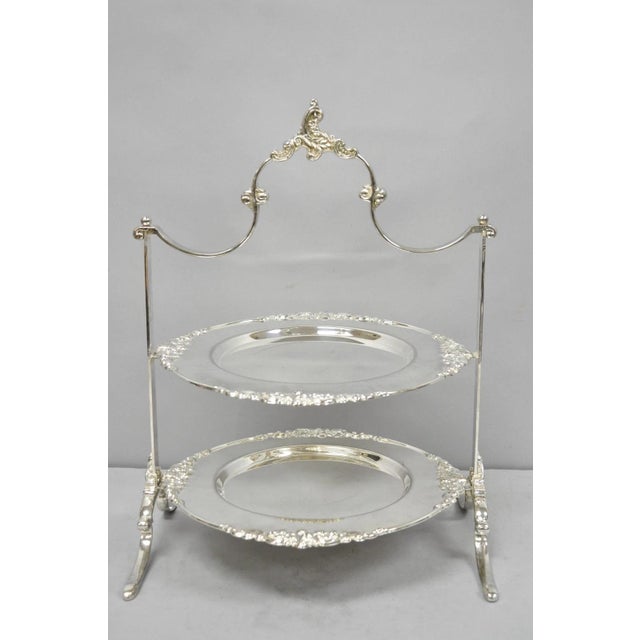 Victorian Vintage Godinger Silver Plated 2 Tier Buffet Server High Tea Pastry Plate Stand For Sale - Image 3 of 18