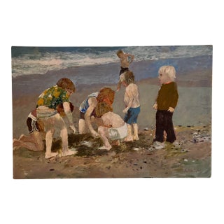 1970s Painting of Children Playing in Beach by Anton Sipos For Sale