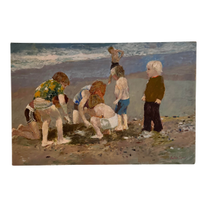 1970s Painting of Children Playing in Beach by Anton Sipos