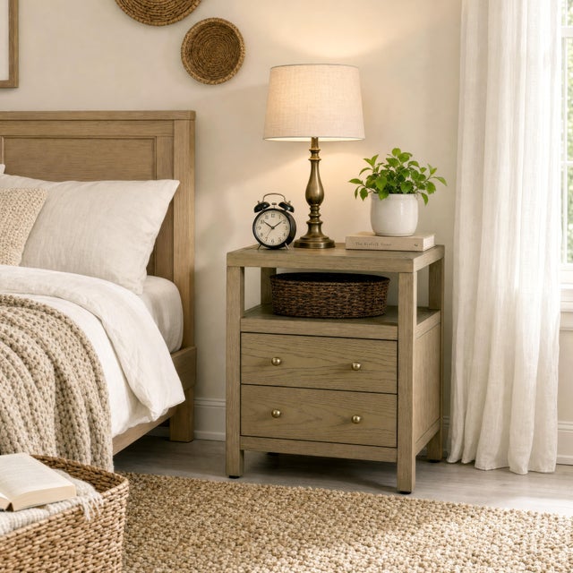 2020s Nora 21 in. W Rectangular Wood 2 Drawer Nightstand with Open Shelf, Light Oak For Sale - Image 5 of 10
