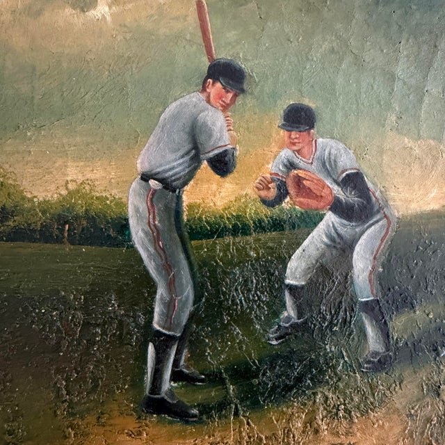 This signed baseball painting reminds me of the baseball movie “Field of Dreams.” It is an oil on wood panel and is...