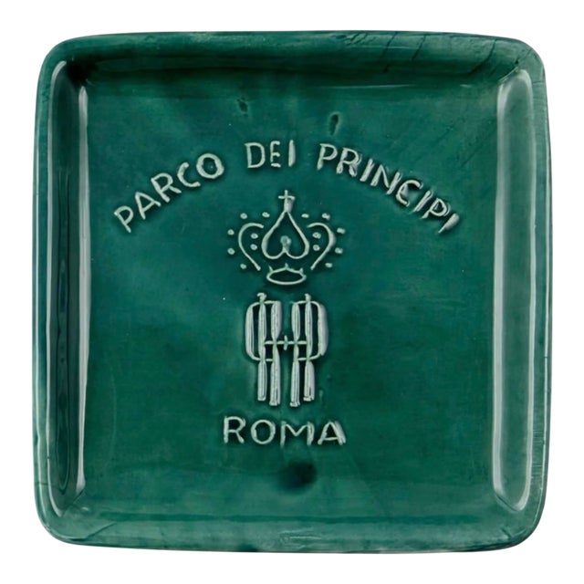 Vintage Parco Dei Principi Hotel Rome Italy Green Ceramic Ashtray Catchall Dish For Sale
