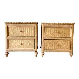 Boho Chic Wicker Rattan Nightstands - a Pair For Sale