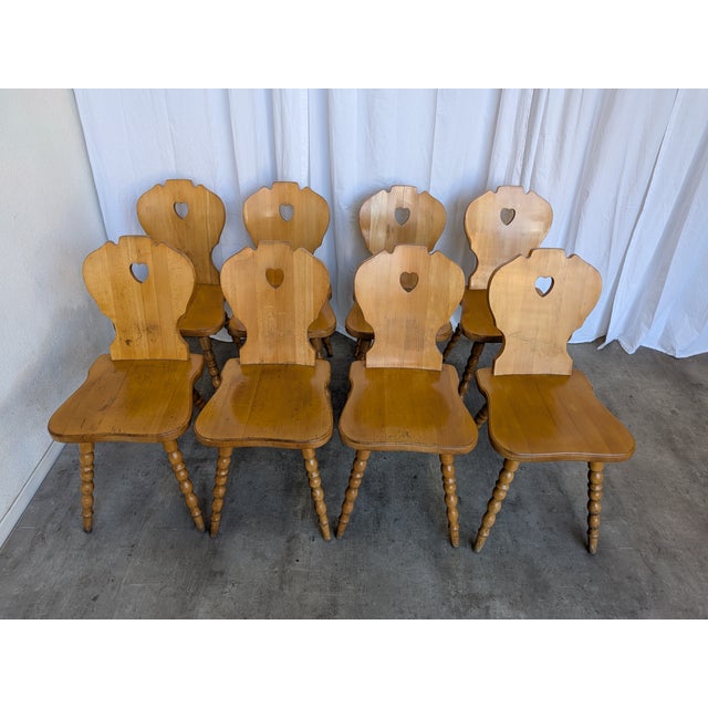 Brown Vintage Tyrolean Farmhouse Heart Cutout Wooden Dining Chairs, 1970s, Set of 8 For Sale - Image 8 of 18
