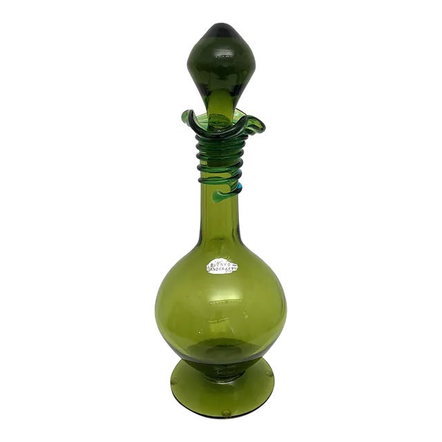 Vintage Blenko Decanter, by Joel Philip Myers, Circa 1968, Olive Green For Sale