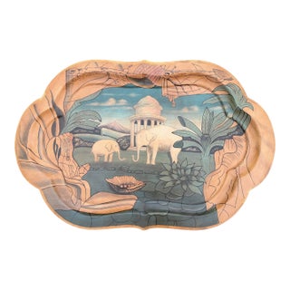 Vintage Hand-Painted Elephant & Indian Landscape Decorative Serving Tray For Sale