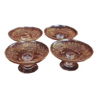 Set of 2 Etched Glass & Enamel Footed Butter Pats For Sale