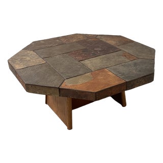 Large Vintage Brutalist Slate Mosaic Coffee Table with Oak Pedestal Base For Sale