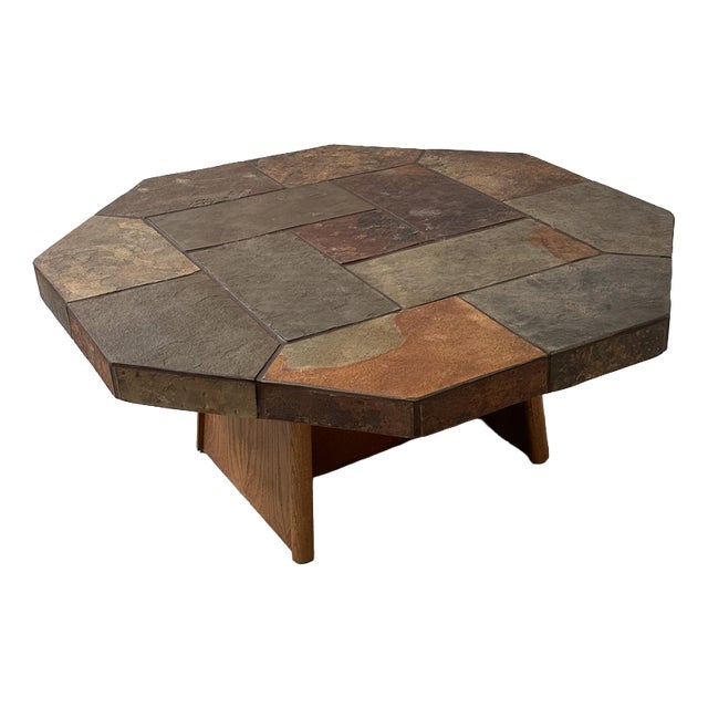Large Vintage Brutalist Slate Mosaic Coffee Table with Oak Pedestal Base For Sale