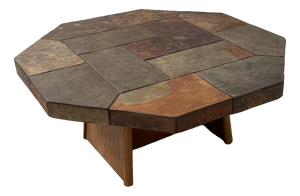Large Vintage Brutalist Slate Mosaic Coffee Table with Oak Pedestal Base