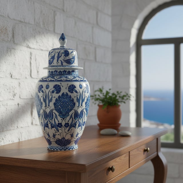 Handmade Ceramic Shah Jar (30cm) Classic Blue and Turquoise Hatayi Lotus Pattern Vase For Sale - Image 4 of 8