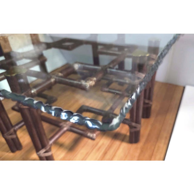 Hollywood Regency Vintage McGuire Bamboo Rattan Lattice Coffee Table With Pie Crust Glass Top For Sale - Image 3 of 7