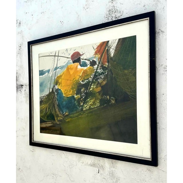 Abstract Vintage Abstract Man Fishing Original Watercolor on Paper For Sale - Image 3 of 5