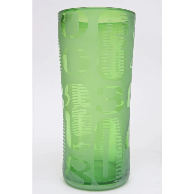 Graduated Frosted and Etched Numbered Light Green Glass Vases Set of