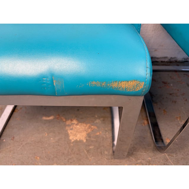 Vintage Blue Vinyl Flat Bar Chrome Dining Chairs - Set of 6 For Sale - Image 9 of 17