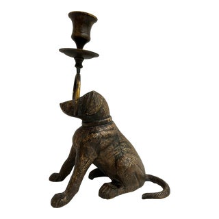 Vintage Bronze Finish Brass Sitting Dog Candle Stick Holder For Sale