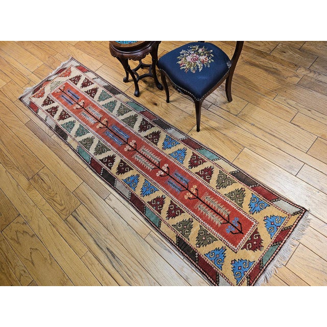 Vintage Turkish Oushak Runner, Handwoven Wool Pile, Geometric Design, 3' x 9' For Sale - Image 4 of 16