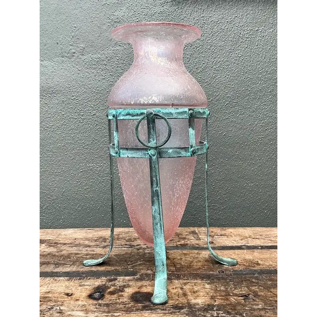 Mid-Century Modern Vintage Patinated Metal Frame Glass Vase For Sale - Image 3 of 12
